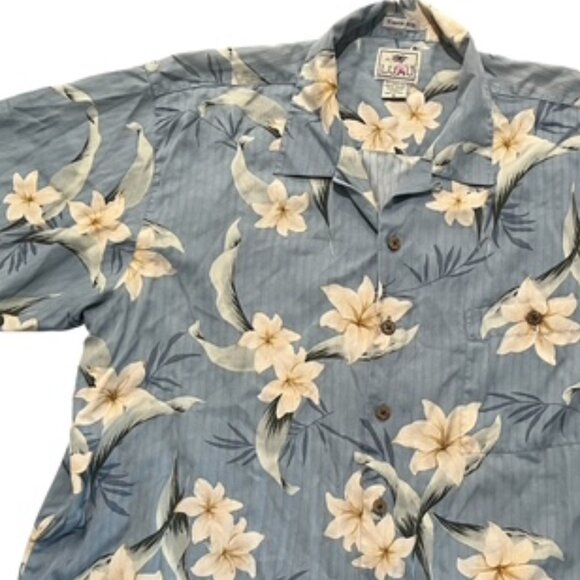 Luau Silk Hawaiian Shirt Mens Sz‎ XL Short Sleeve Blue with white flowers - Picture 1 of 14